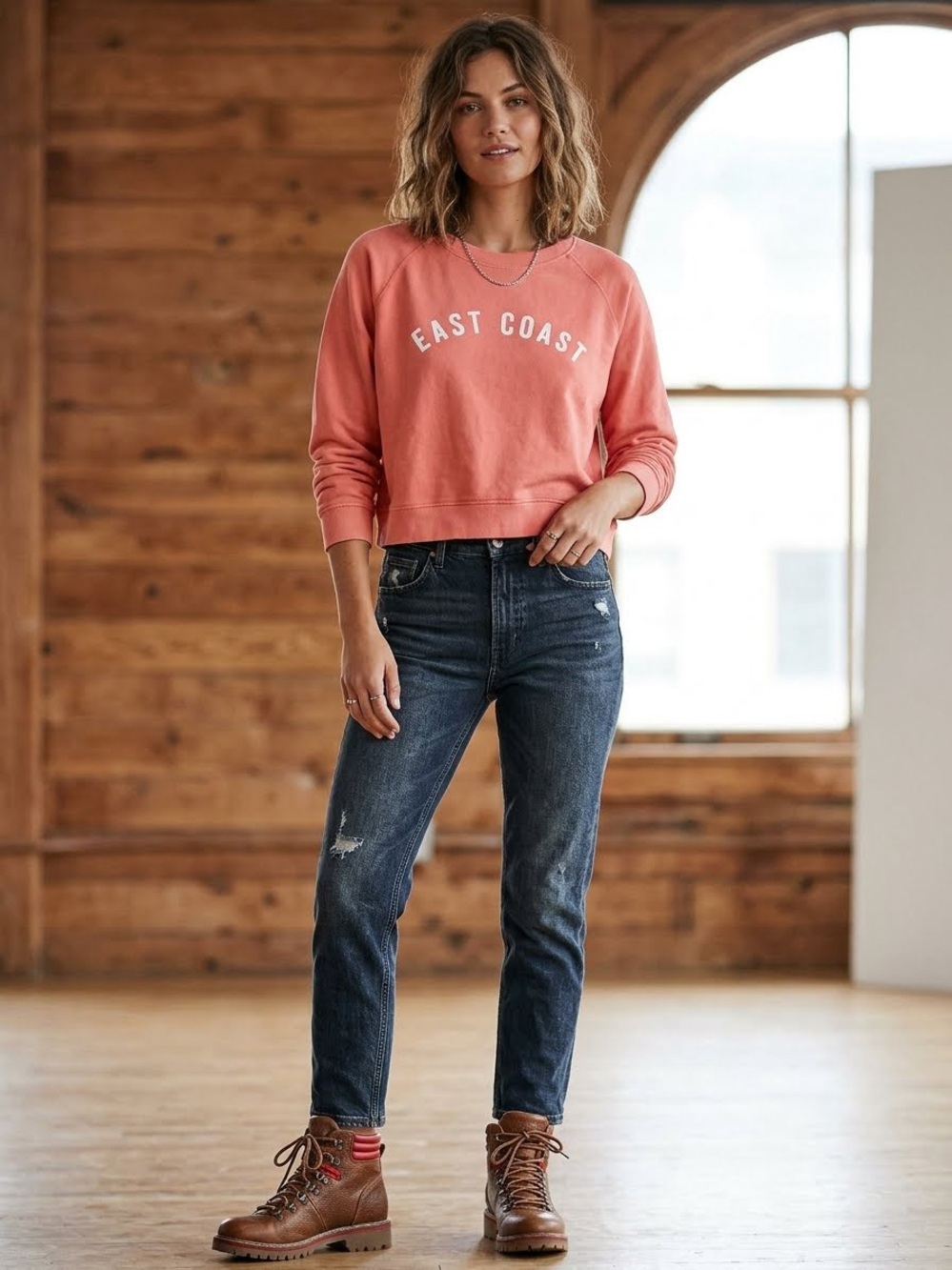 East Coast Coral Pink Cropped Crewneck Sweatshirt